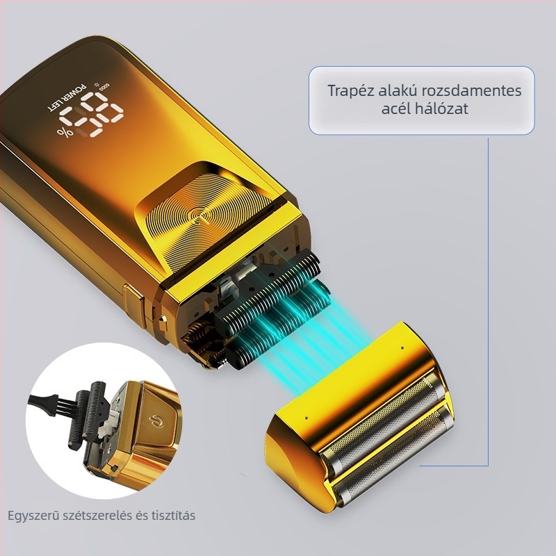 LED kijelzős elektromos borotva, kétfejű reciprocáló fej, lebegő fej, beépített 500–800 mAh-s akkumulátor, levehető és mosható fej