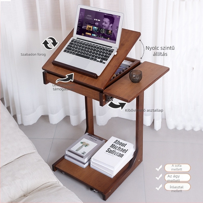 Mozgatható C-alakú oldalsó asztal bambuszból — Modern és minimalist stílus, fa vázzal, tömörfa felület, alkalmas nappaliba vagy hálószobába