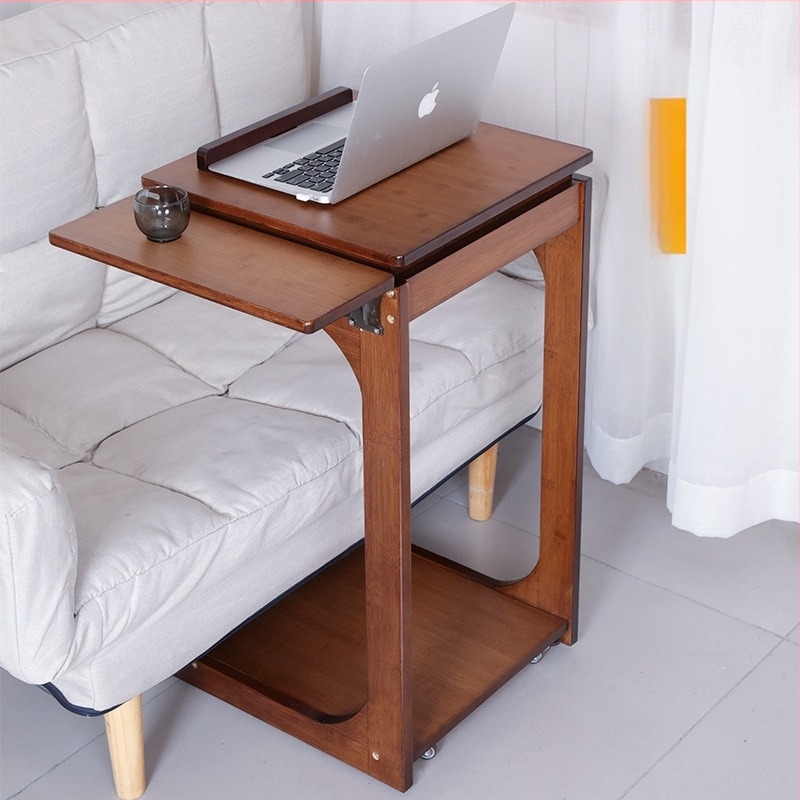 Mozgatható C-alakú oldalsó asztal bambuszból — Modern és minimalist stílus, fa vázzal, tömörfa felület, alkalmas nappaliba vagy hálószobába