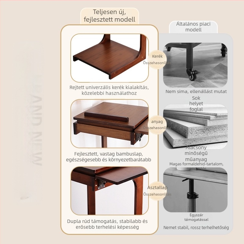 Mozgatható C-alakú oldalsó asztal bambuszból — Modern és minimalist stílus, fa vázzal, tömörfa felület, alkalmas nappaliba vagy hálószobába