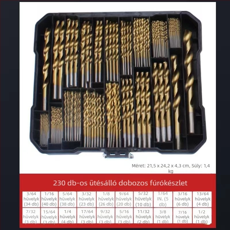 230 darab titánbevonatú egyenes szárú fúrókészlet faipari felhasználásra, műanyag dobozban