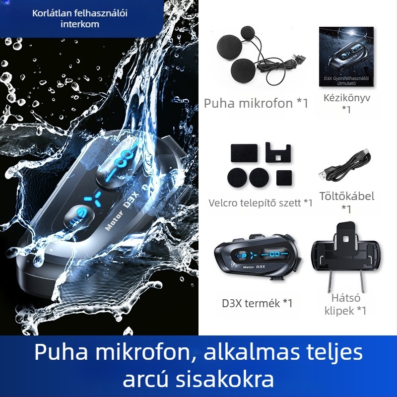 Sisakhoz tartozó Bluetooth interkom fejhallgató, sztereó, vízálló • Bluetooth 5.3 • Hatótávolság akár 15 m • 8+ óra működés