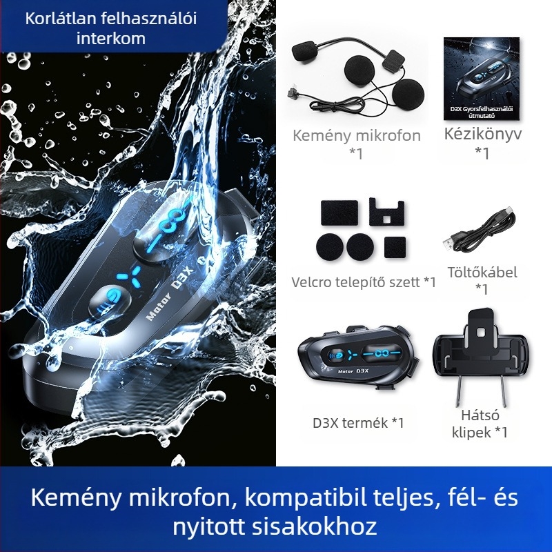 Sisakhoz tartozó Bluetooth interkom fejhallgató, sztereó, vízálló • Bluetooth 5.3 • Hatótávolság akár 15 m • 8+ óra működés