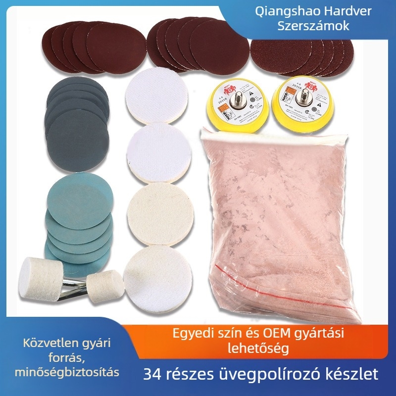 Üvegpolírozó készlet cerium-oxidtal, 34 darab, csiszoló korongok, gyapjú polírozó párna, filc