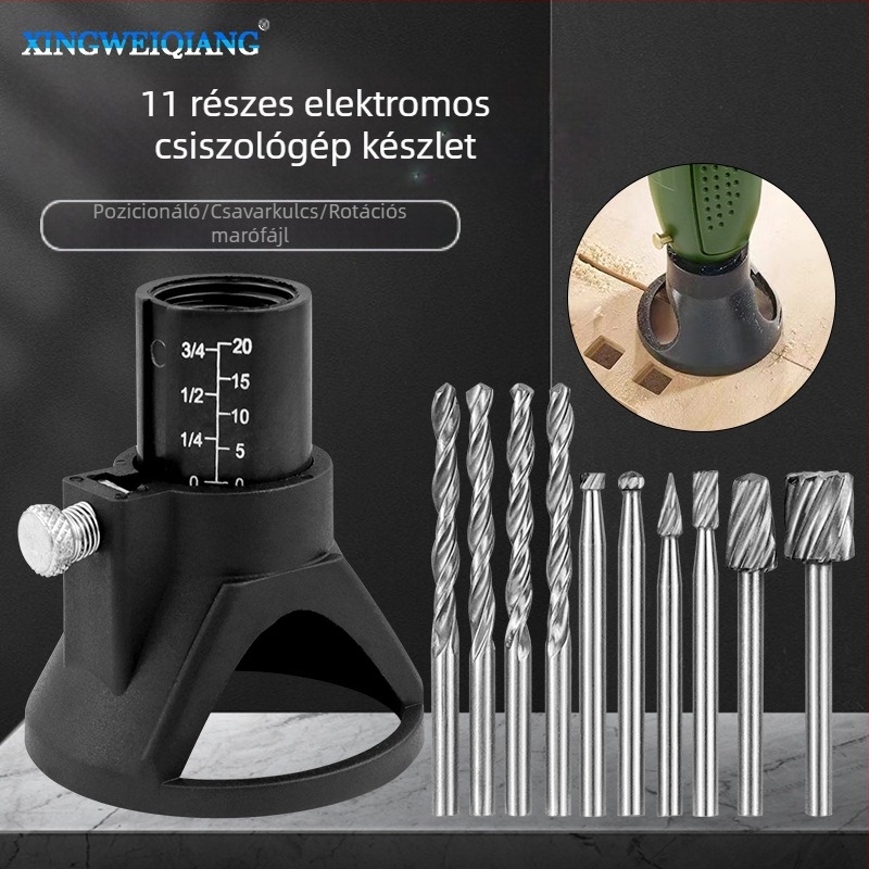 11 darabos elektromos csiszoló készlet pozicionálóval, fúróval és forgó marókkal