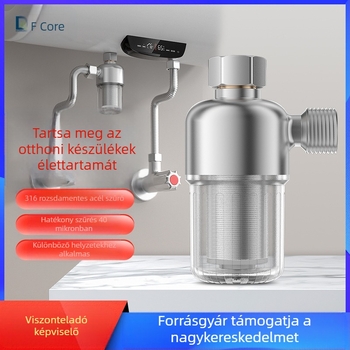 Vízmelegítő előszűrő – háztartási használatra; rozsdamentes acél szűrő; 2-lépcsős szűrés; cserélhető szűrőelem; napi kapacitás 3000 L; hőmérséklet-tartomány 1–65°C