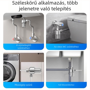 Vízmelegítő előszűrő – háztartási használatra; rozsdamentes acél szűrő; 2-lépcsős szűrés; cserélhető szűrőelem; napi kapacitás 3000 L; hőmérséklet-tartomány 1–65°C