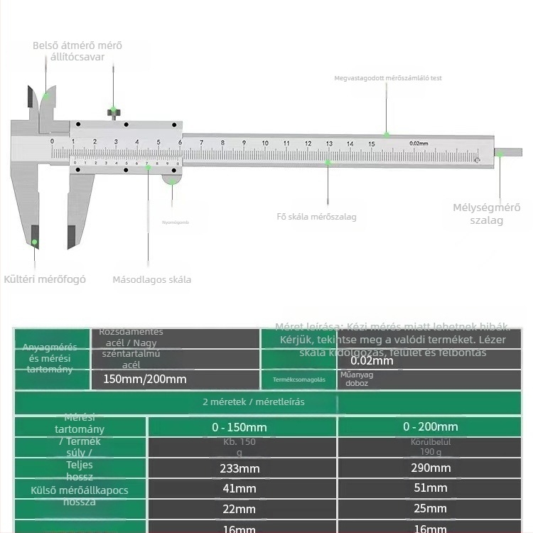 Digitális tolómérő rozsdamentes acélból, 0-150 mm, magasság és mélység mérés, ipari minőség