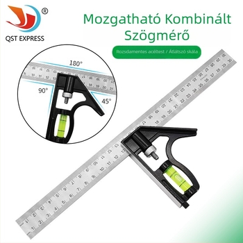 Kombinált szögmérő vonalzó, mérési tartomány 0–300 mm, 45°-os derékszög, faipari használatra, súly 136 g