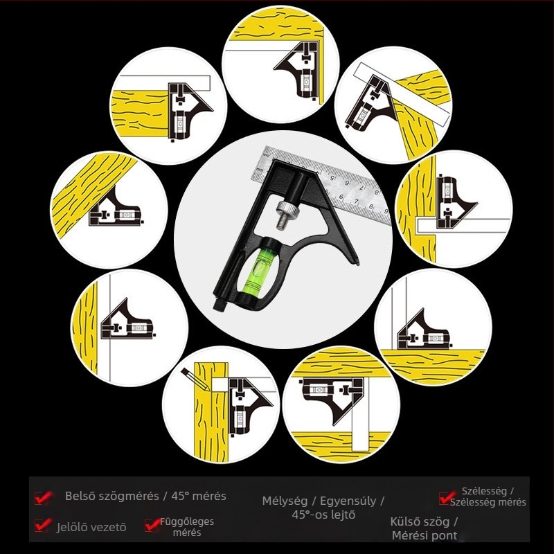 Kombinált szögmérő vonalzó, mérési tartomány 0–300 mm, 45°-os derékszög, faipari használatra, súly 136 g