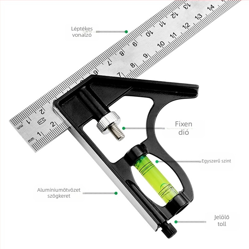Kombinált szögmérő vonalzó, mérési tartomány 0–300 mm, 45°-os derékszög, faipari használatra, súly 136 g