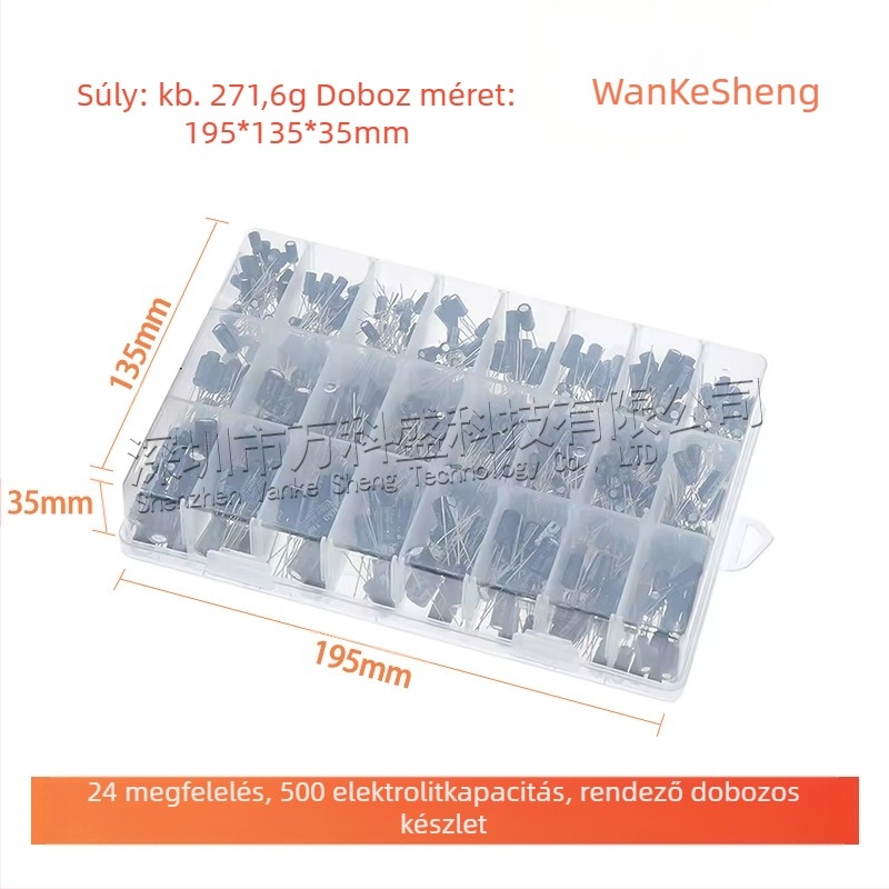 Elektrolit kondenzátorok rendező dobozos készlet, 500 darab, 24 specifikáció, 0,1–1000 µF tartomány