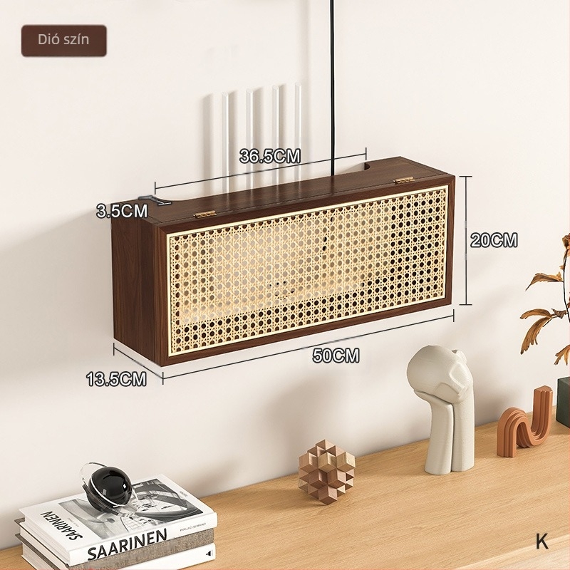 Fali WiFi router tároló doboz, anyag: rattan/fűz/bambusz; porvédett; beépítés csavarokkal; 1 szint; nappali tárolásra