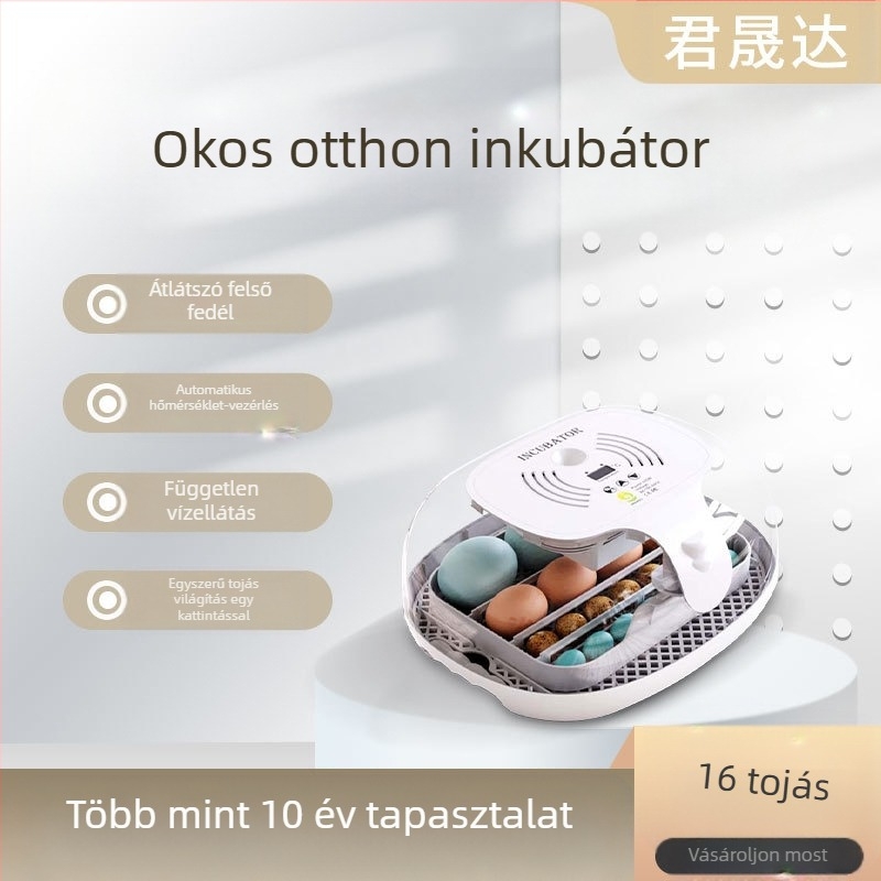 Tojás inkubátor tojótyúkok számára, 16 tojás kapacitás, átlátszó fedél, beépített tojásellenőrzés, csendes kikelés