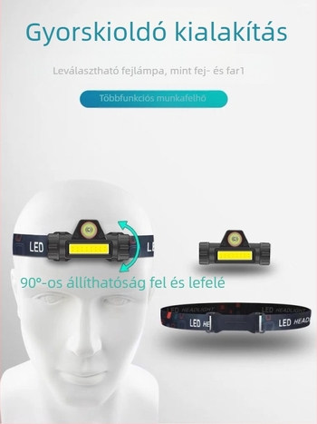 LED fejlámpa, USB töltés, 4 óra üzemidő, súly 77 g, hatótáv 100–200 m