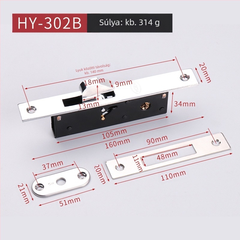 Retesz-zár alumíniumkeretes üvegajtókhoz, modell HY-302A/HY-302B, vasból készült, modern egyszerű stílus