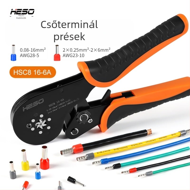HESO HSC816-6A csőtípusú terminálok crimpelő fogó, 0,08–16 mm, magas precizitású VE terminál