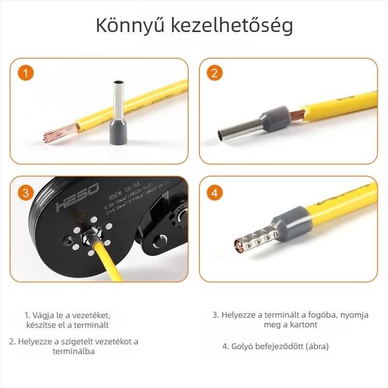 HESO HSC816-6A csőtípusú terminálok crimpelő fogó, 0,08–16 mm, magas precizitású VE terminál