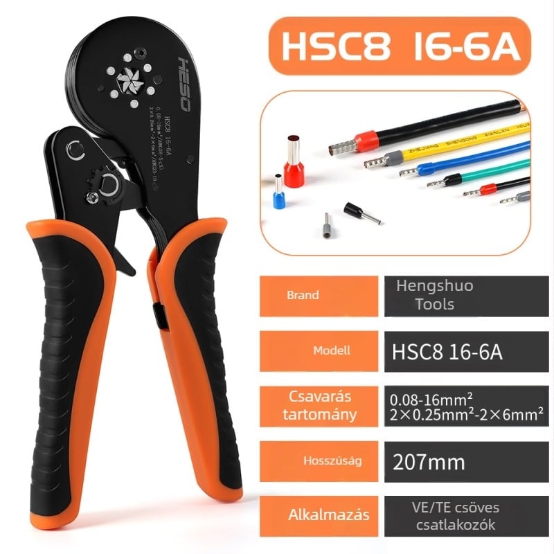 HESO HSC816-6A csőtípusú terminálok crimpelő fogó, 0,08–16 mm, magas precizitású VE terminál