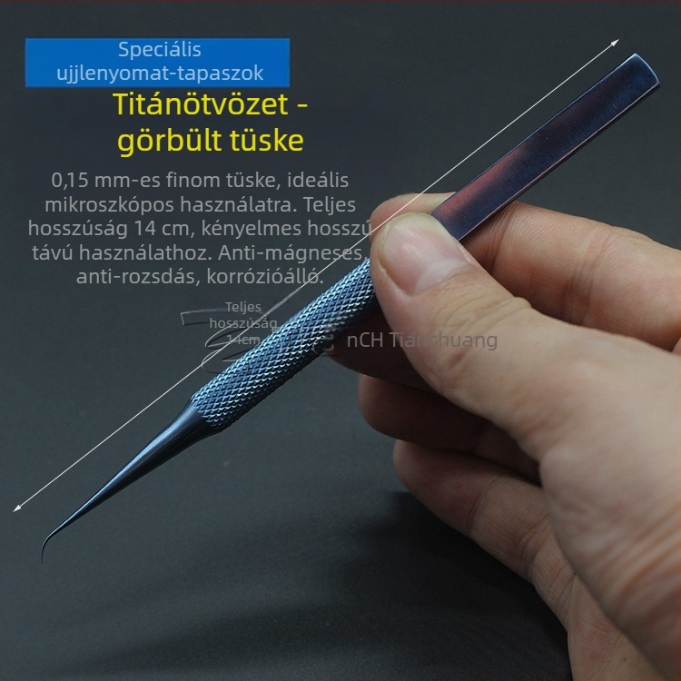 Titánium-ötvözetből készült csipesz egyenes és görbült heggyel, antimagnetikus, elektronikai javításokhoz
