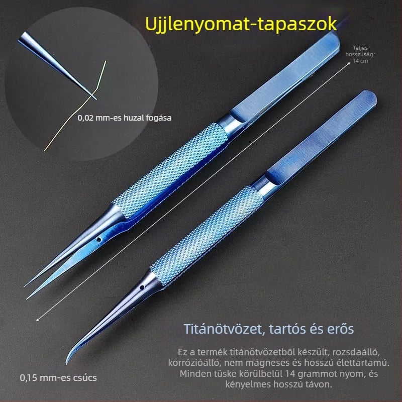 Titánium-ötvözetből készült csipesz egyenes és görbült heggyel, antimagnetikus, elektronikai javításokhoz