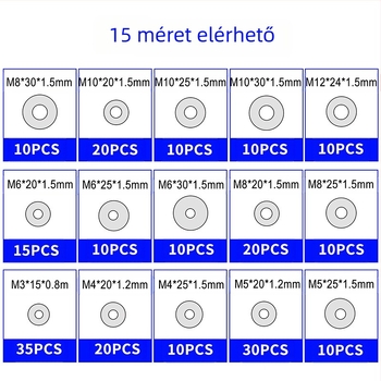 304 rozsdamentes acél lapos alátétek, dobozos készlet, 230 db, GB97/DIN125 szabvány, osztály A.