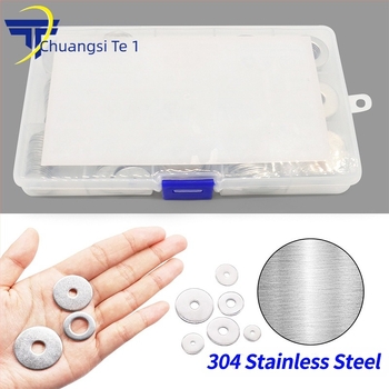 304 rozsdamentes acél lapos alátétek, dobozos készlet, 230 db, GB97/DIN125 szabvány, osztály A.