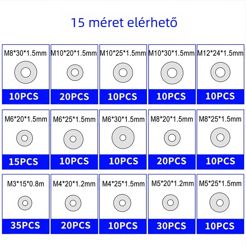 304 rozsdamentes acél lapos alátétek, dobozos készlet, 230 db, GB97/DIN125 szabvány, osztály A.