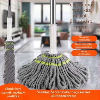 Forgó mop csavaros vízmechanizmussal – mikroszálas fej, rozsdamentes acél nyele, teleszkópos hossz 84–130 cm, kinyomási arány 80–90%