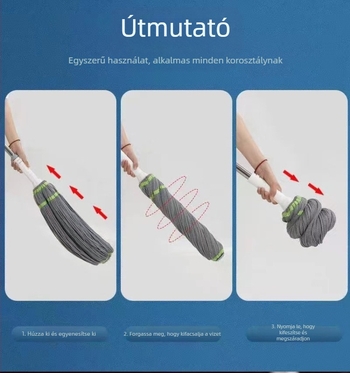 Forgó mop csavaros vízmechanizmussal – mikroszálas fej, rozsdamentes acél nyele, teleszkópos hossz 84–130 cm, kinyomási arány 80–90%