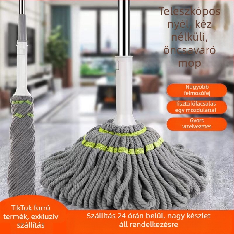 Forgó mop csavaros vízmechanizmussal – mikroszálas fej, rozsdamentes acél nyele, teleszkópos hossz 84–130 cm, kinyomási arány 80–90%