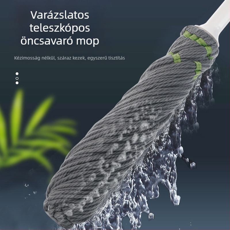 Forgó mop csavaros vízmechanizmussal – mikroszálas fej, rozsdamentes acél nyele, teleszkópos hossz 84–130 cm, kinyomási arány 80–90%