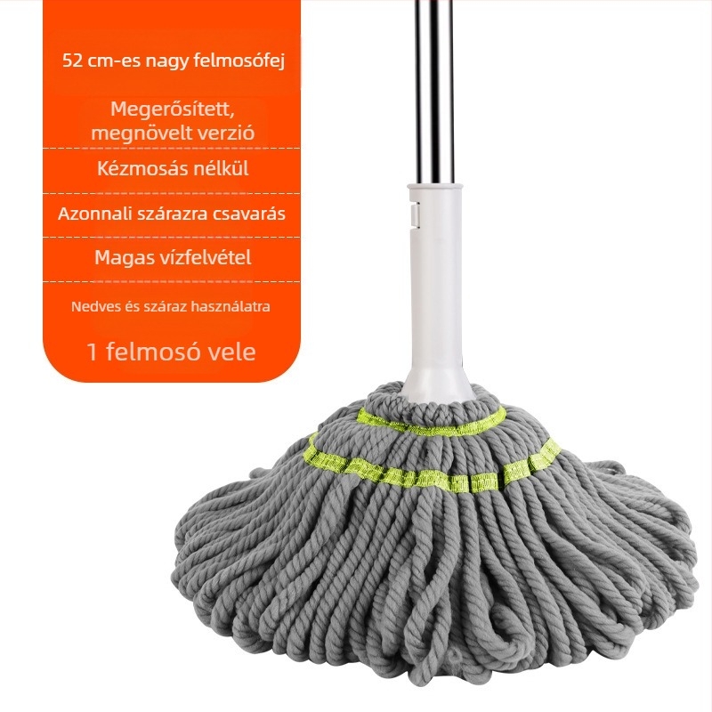 Forgó mop csavaros vízmechanizmussal – mikroszálas fej, rozsdamentes acél nyele, teleszkópos hossz 84–130 cm, kinyomási arány 80–90%