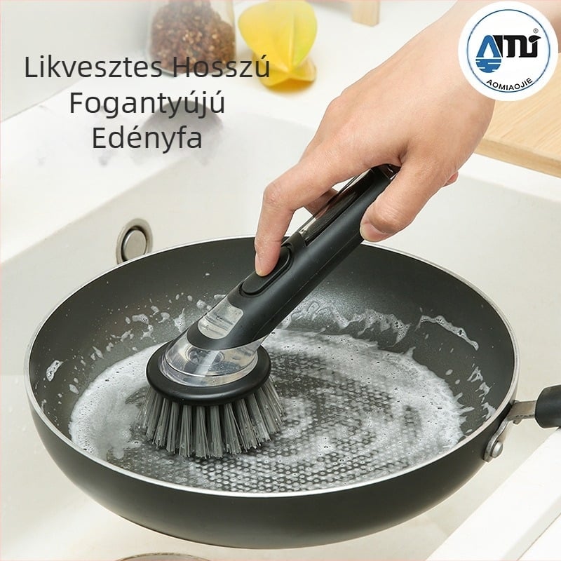 Hosszú nyelű konyhai fazék tisztító kefe, többfunkciós, vastag tisztító fej; anyag: PET csavart huzal tisztító golyó; tömeg 0.05 kg