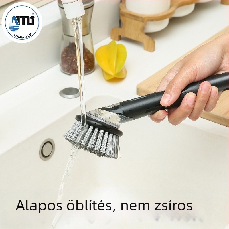 Hosszú nyelű konyhai fazék tisztító kefe, többfunkciós, vastag tisztító fej; anyag: PET csavart huzal tisztító golyó; tömeg 0.05 kg