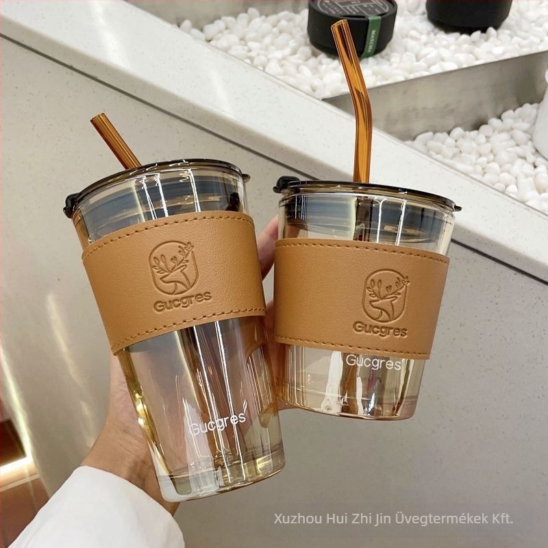 Kétszeres falú üvegpohár szívószállal, koreai stílus, szivárgásmentes zárás