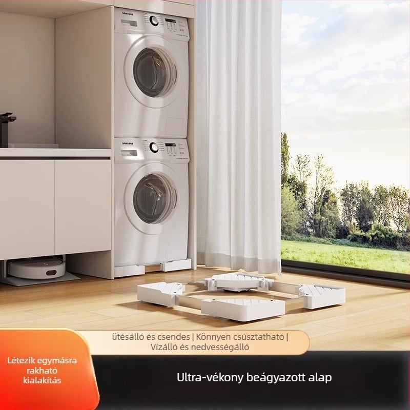 Ultra vékony beépített mosógép-alap, dobos mosógépekhez — rozsdamentes acél, csúszásmentes, mozgatható, 1 réteg.