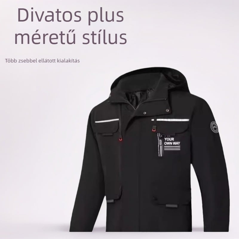Kapucnis kabát cipzárral és több zsebbel, poliészterből, négy évszakos viseletre