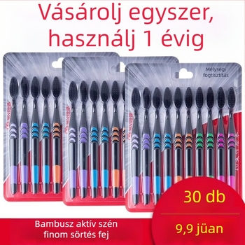 Bambusz-szén fogkefe felnőtteknek, ultra vékony puha sörték, egyenként csomagolt, 30 darabos csomag