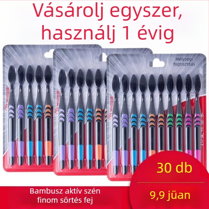 Bambusz-szén fogkefe felnőtteknek, ultra vékony puha sörték, egyenként csomagolt, 30 darabos csomag