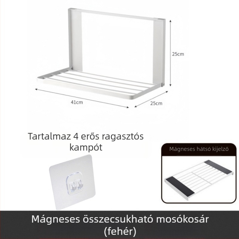 Falihoz rögzíthető összecsukható piszkos ruháskosár, rozsdamentes acélból, fürdőszobába és a mosógép oldalára