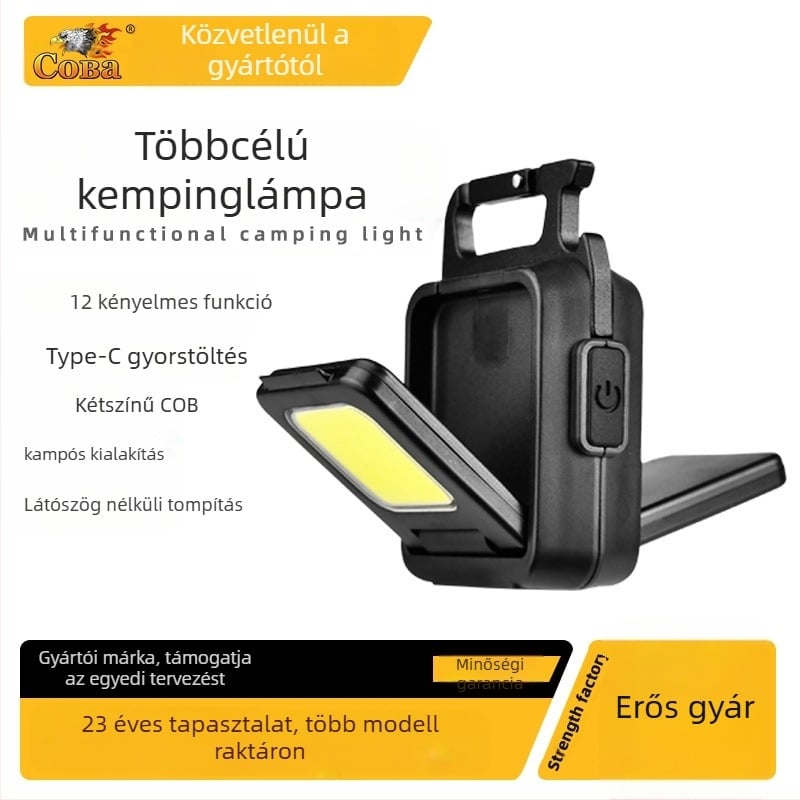 Többfunkciós hordozható COB mini kulcstartó lámpa Type-C töltéssel, és alumínium-plasztikus test, polimer akkumulátor, COB fényforrás, kempingezéshez és kültéri használatra
