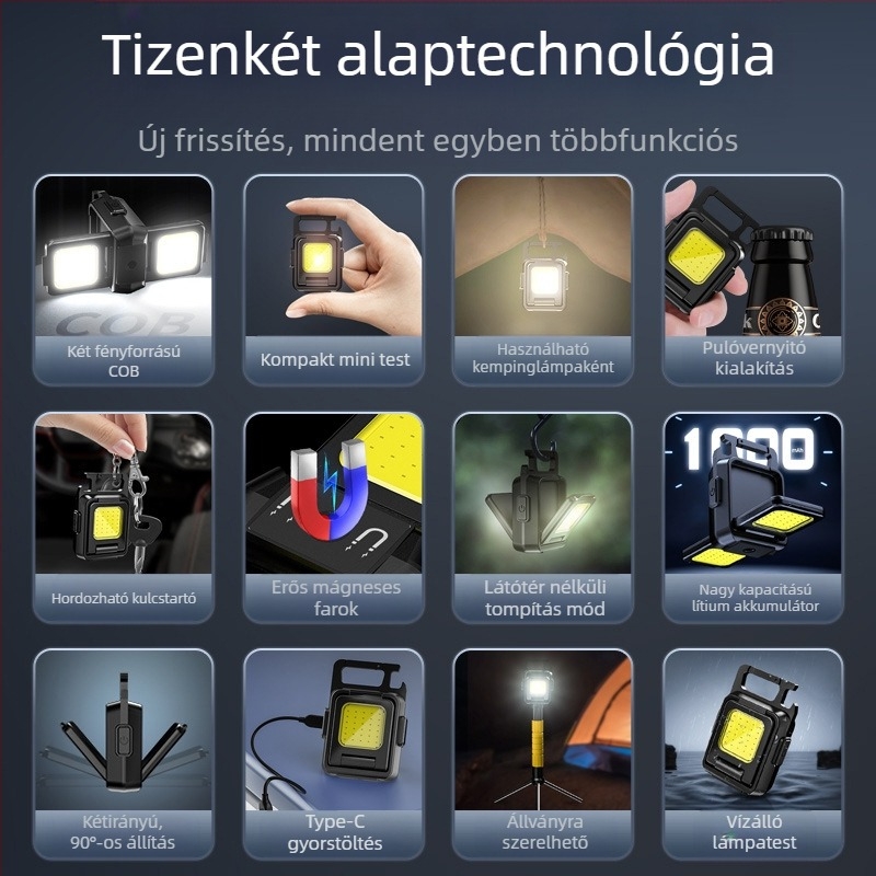 Többfunkciós hordozható COB mini kulcstartó lámpa Type-C töltéssel, és alumínium-plasztikus test, polimer akkumulátor, COB fényforrás, kempingezéshez és kültéri használatra
