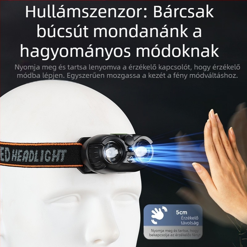 USB-töltésű fejlámpa XPG LED-del, hordozható, 100–200 m fényhatótáv, beépített 400 mAh 14500 Li-ion akkumulátor, kézi nyomásos energia-termelés