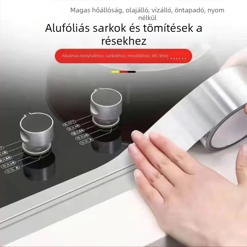 Konyhai alumíniumfólia ragasztószalag, vízálló és olajálló, penészmentes, nagy tapadóerő, hordozó: alumíniumfólia, vastagság 0,07 mm, víz alapú ragasztó, hosszú távú hőállóság 80°C, rövid távú 120°C