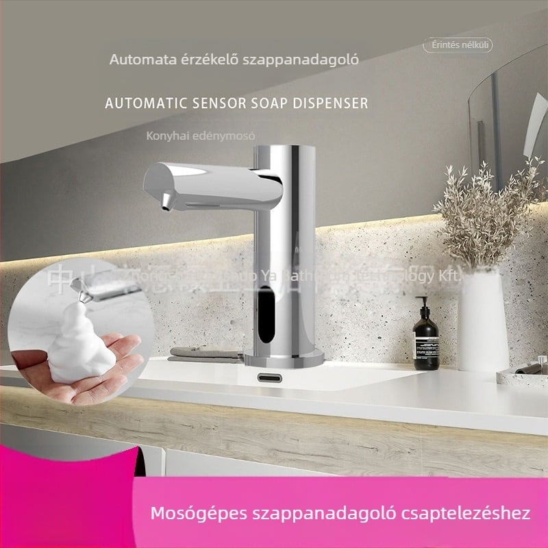 Automatikus szenzoros habszappan adagoló, csap típusú – sárgarézből, krómozott felülettel, modern minimalista stílus, indukciós funkció, súly 2 kg