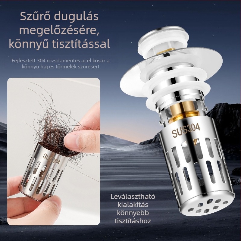 US-szabványú mosdóleeresztő dugó rézmaggal, 304 rozsdamentes acél szűrővel, ABS rézbevonattal — Modell E1