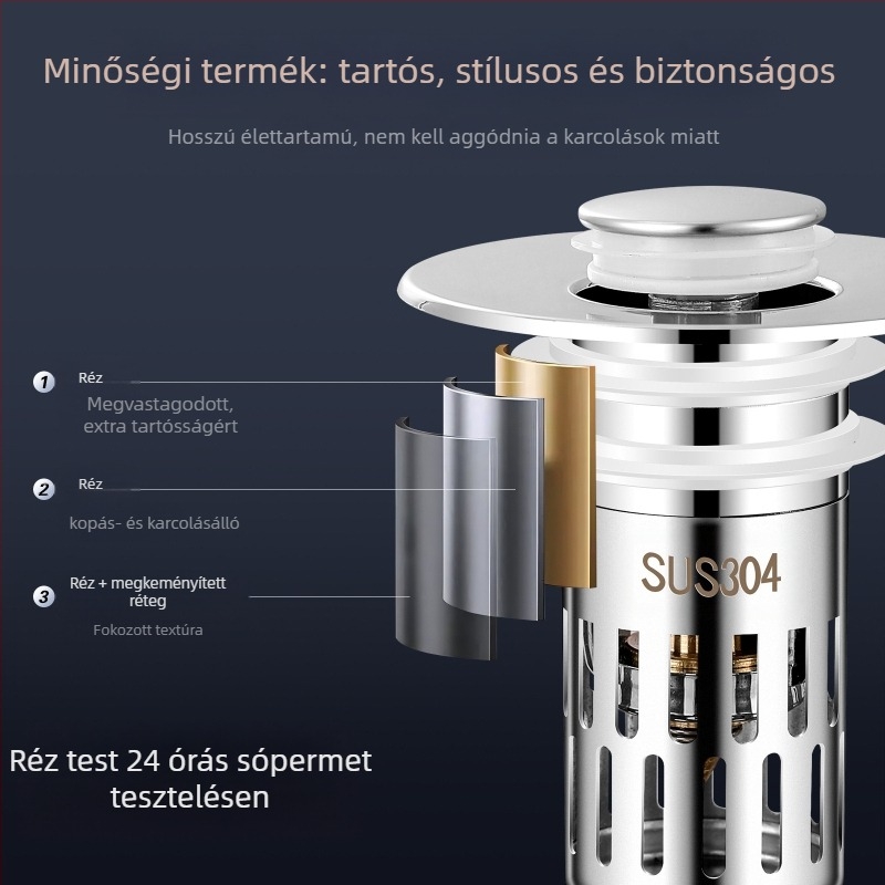 US-szabványú mosdóleeresztő dugó rézmaggal, 304 rozsdamentes acél szűrővel, ABS rézbevonattal — Modell E1