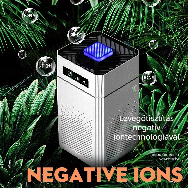 USB asztali légtisztító negatív ionokkal, formaldehid-eltávolítás és szagelszívás; légáram >400 m³/h, zaj <36 dB, USB táplálás, aktív szén, UV és ózon technológia, 61 m²+ lefedettség