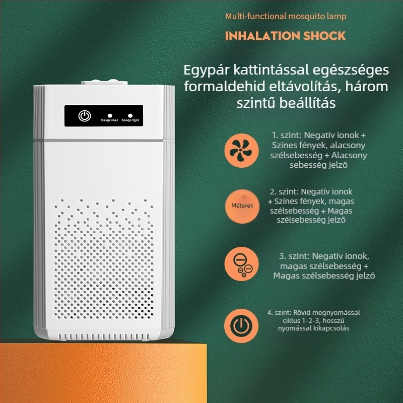 USB asztali légtisztító negatív ionokkal, formaldehid-eltávolítás és szagelszívás; légáram >400 m³/h, zaj <36 dB, USB táplálás, aktív szén, UV és ózon technológia, 61 m²+ lefedettség